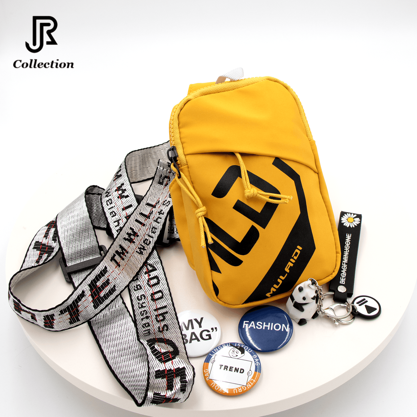close-up of adjustable strap on colorful crossbody shoulder bag