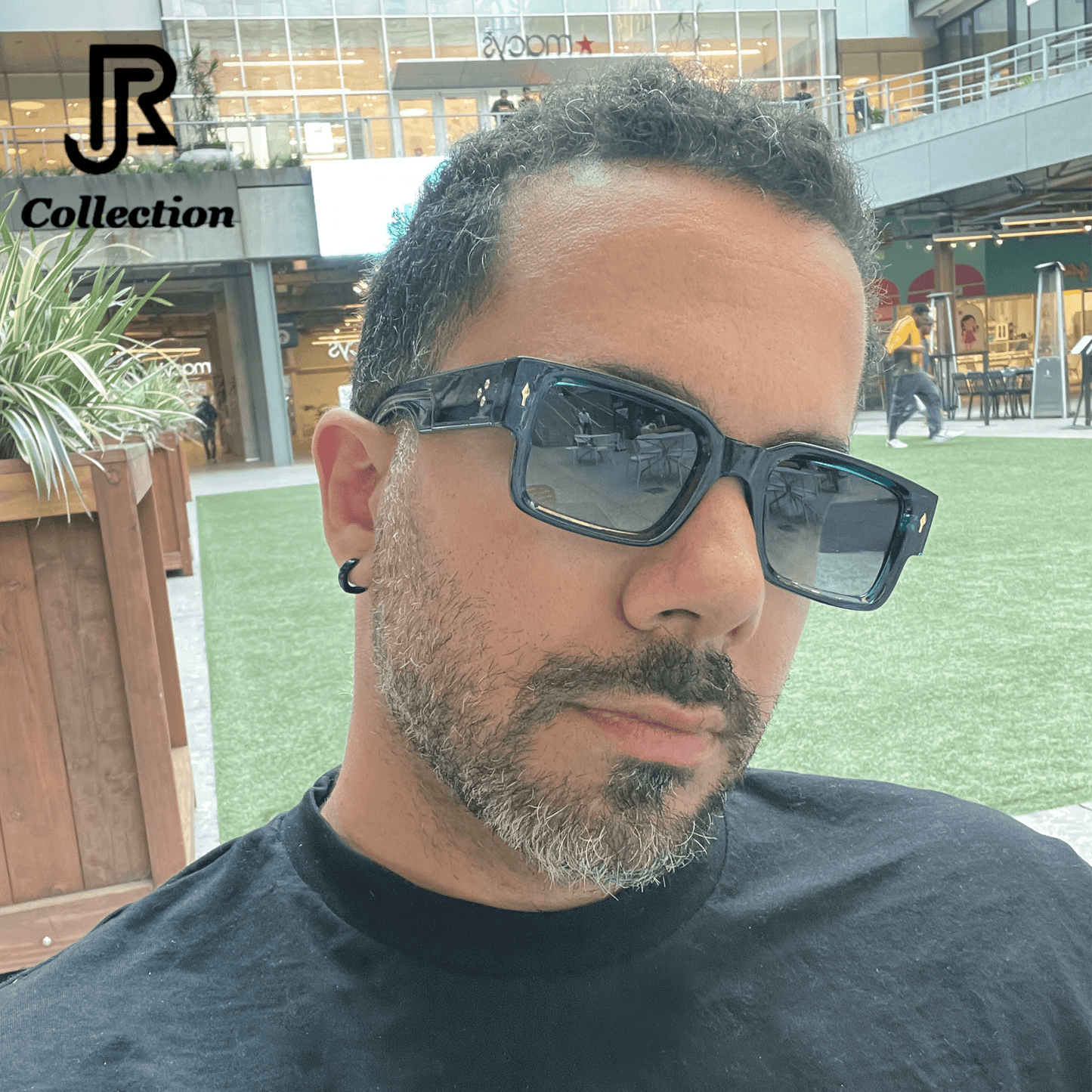 model wearing crystal acetate vintage square sunglasses