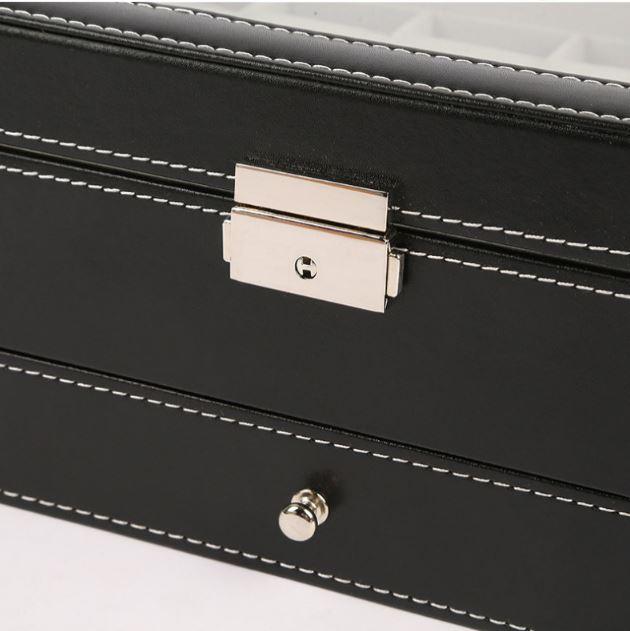 12-slot PU leather watch box with glass lid