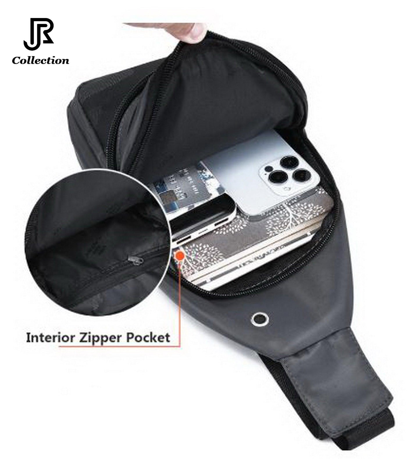 close-up of pockets on sling crossbody bag