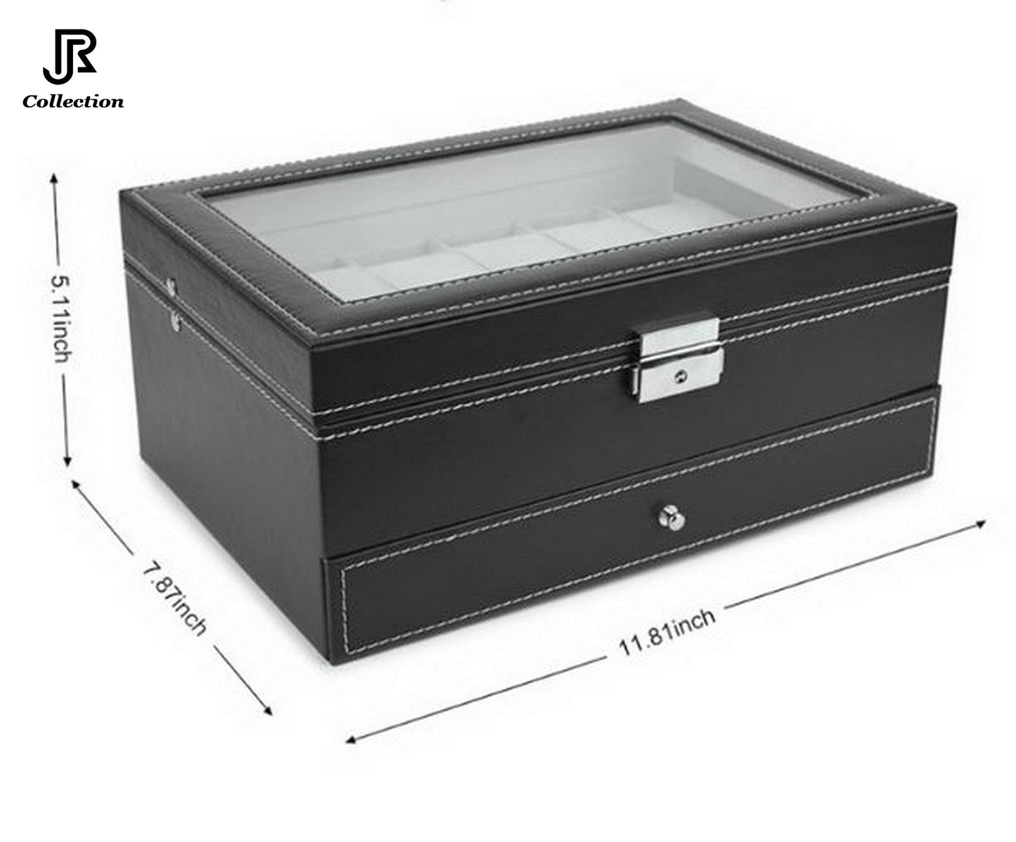 12-slot PU leather watch box with glass lid