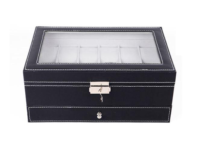 12-slot PU leather watch box with glass lid