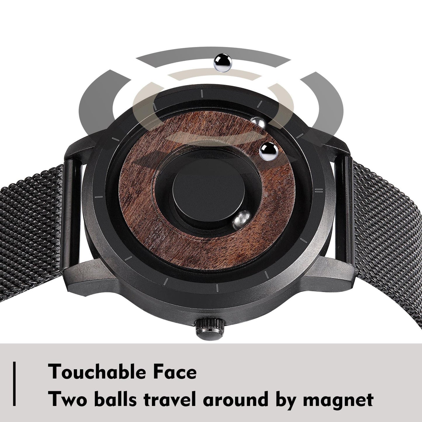 close-up of magnetic ball bearings on wooden watch dial