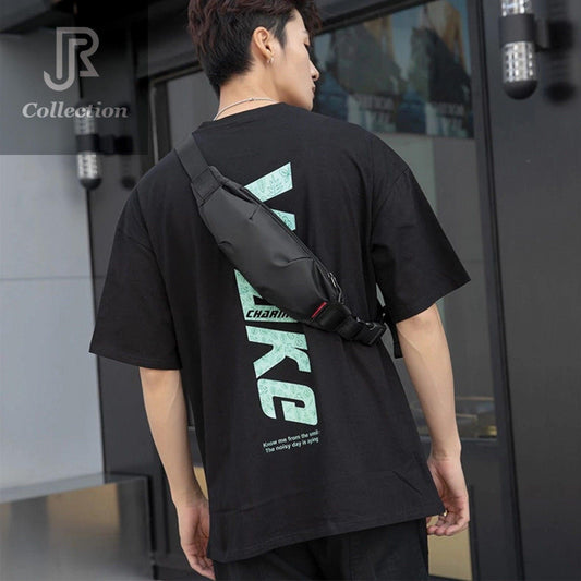 model wearing waterproof chest and shoulder bag casual streetwear