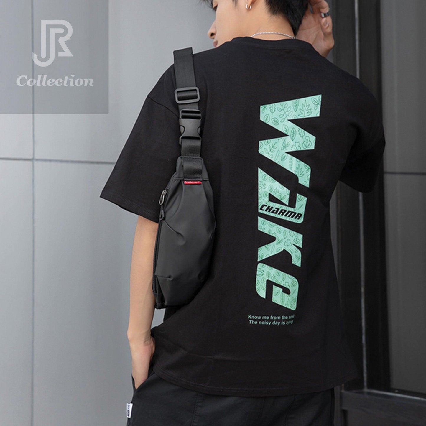 model wearing waterproof chest and shoulder bag casual streetwear