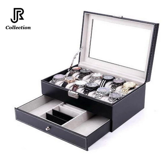 watches displayed inside PU leather watch box