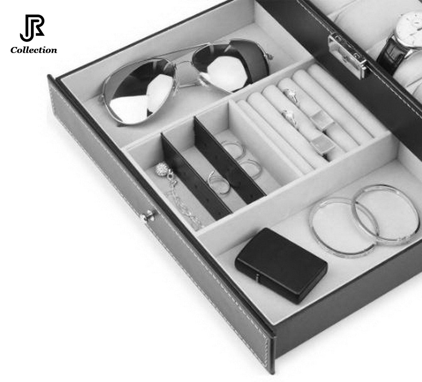 watches displayed inside PU leather watch box