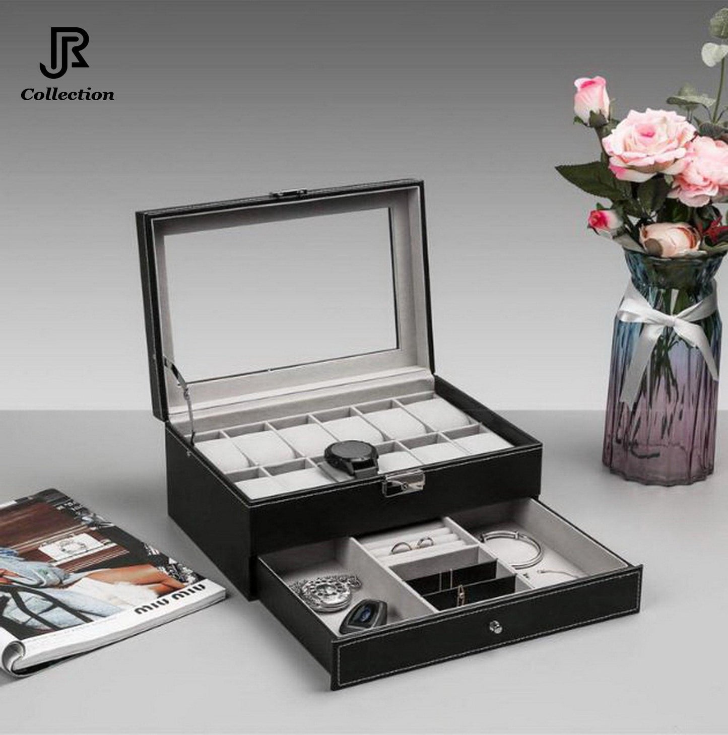 PU leather watch storage box open display