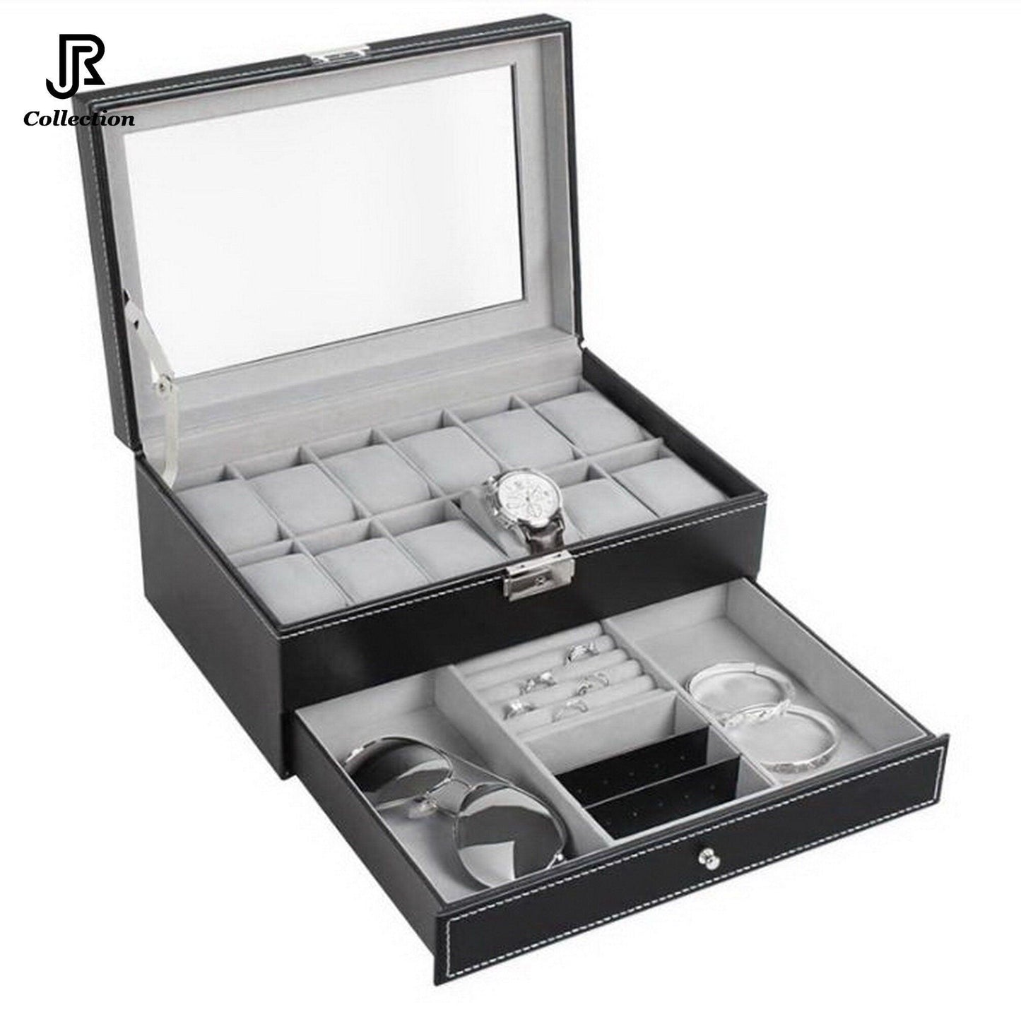 watches displayed inside PU leather watch box