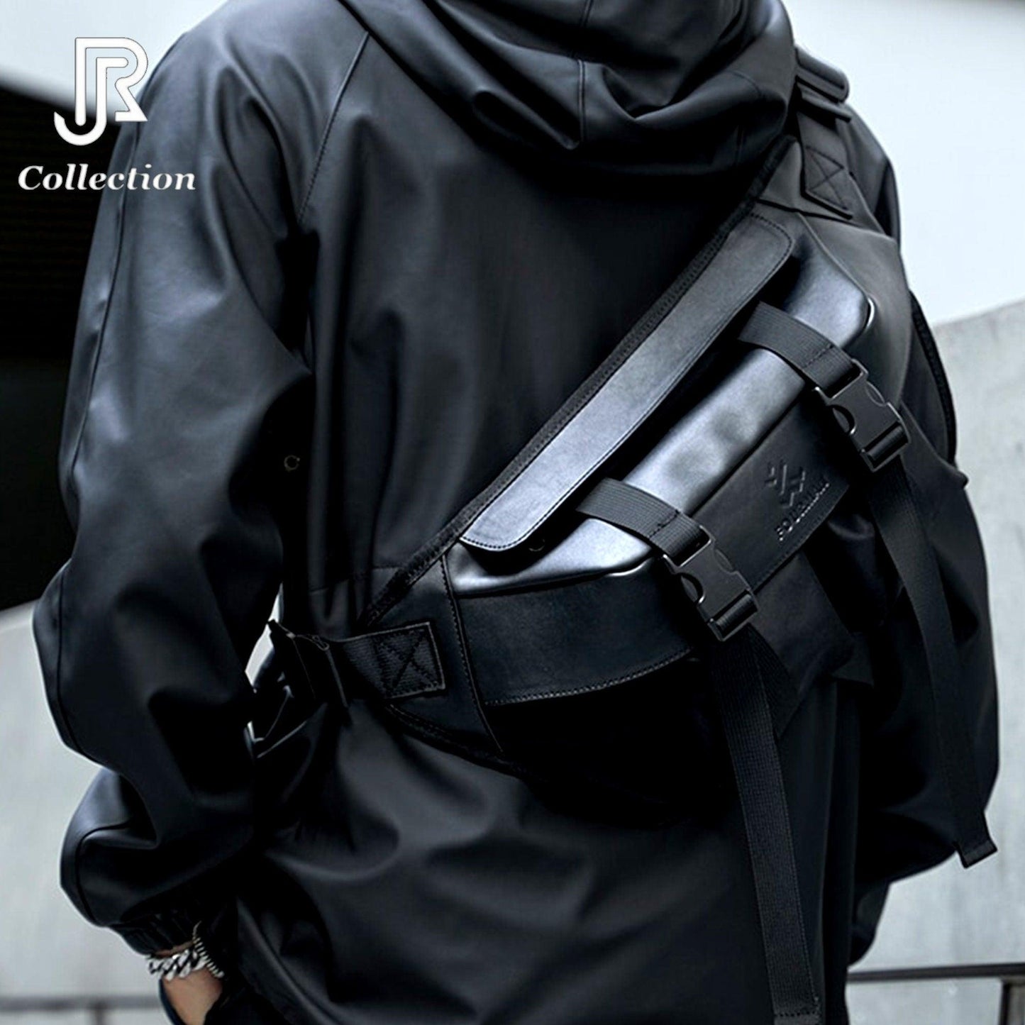 model wearing fashionable west bag chest sling crossbody streetwear