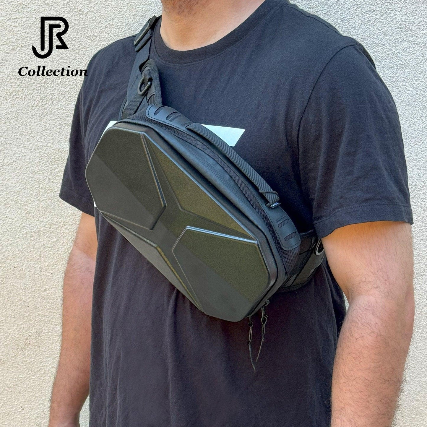 model wearing fashionable waterproof sling crossbody shoulder bag