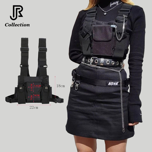 model wearing fashionable west bag chest sling crossbody streetwear