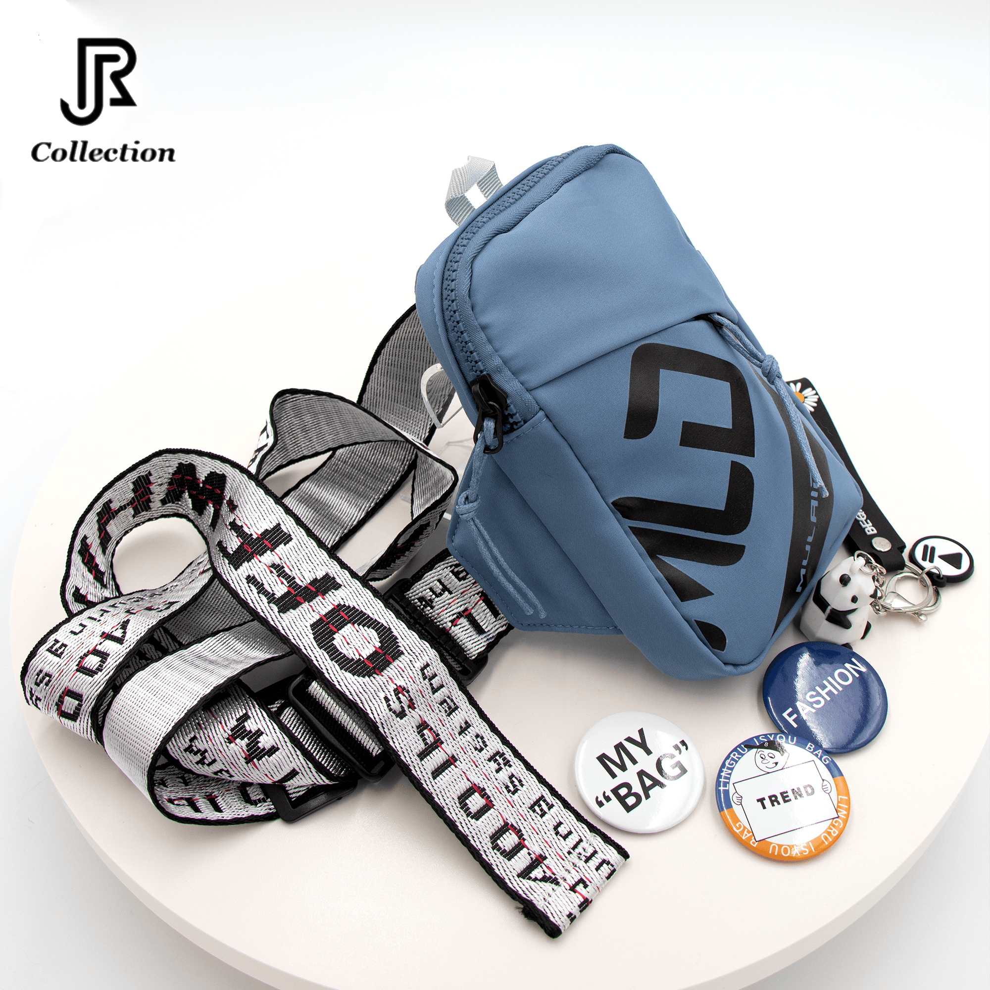 close-up of adjustable strap on colorful crossbody shoulder bag