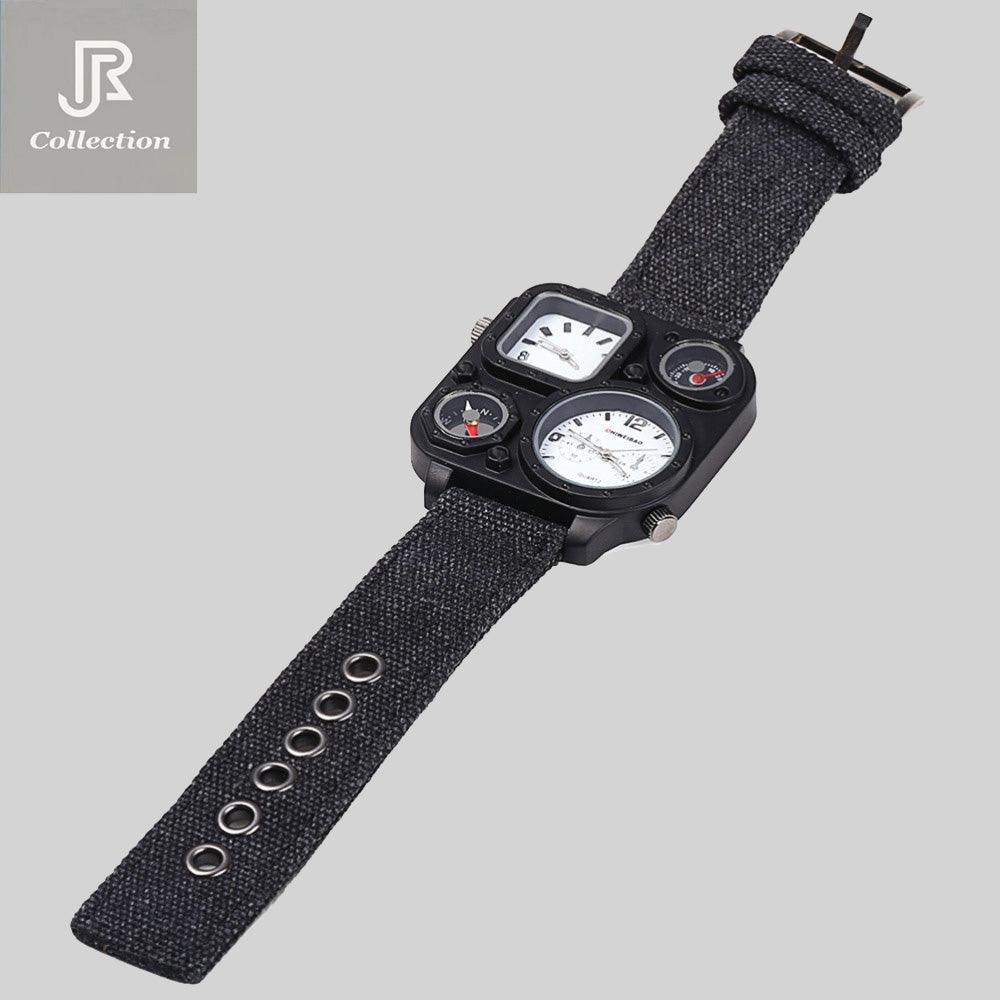 side view square compass dual movement sport watch with canvas strap