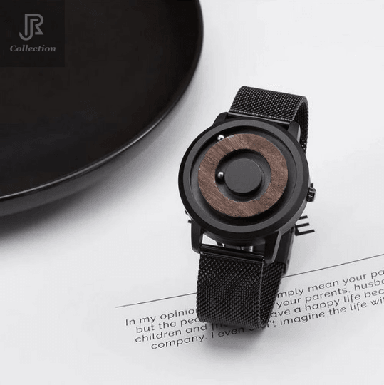 minimal rotating magnetic ball wooden watch front view