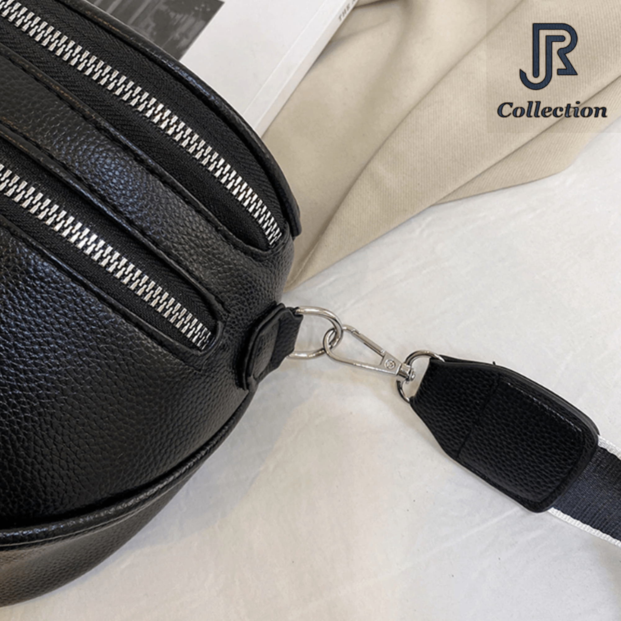 close-up of adjustable strap on women’s leather purse