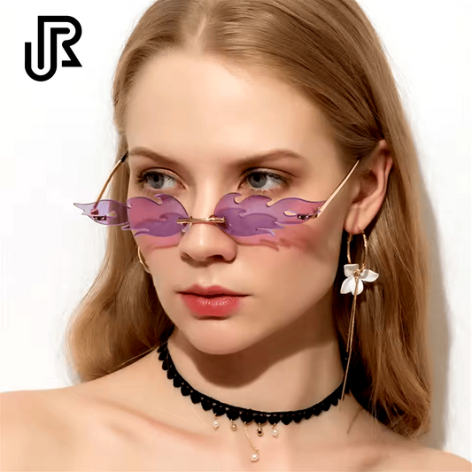 model wearing rave fire flame shaped sunglasses
