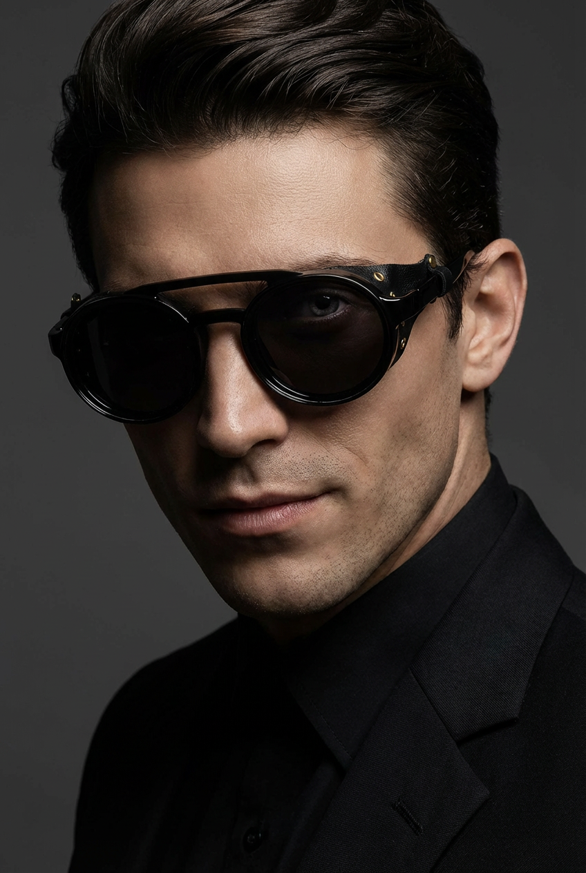 model wearing new steampunk round sunglasses UV400 unisex style