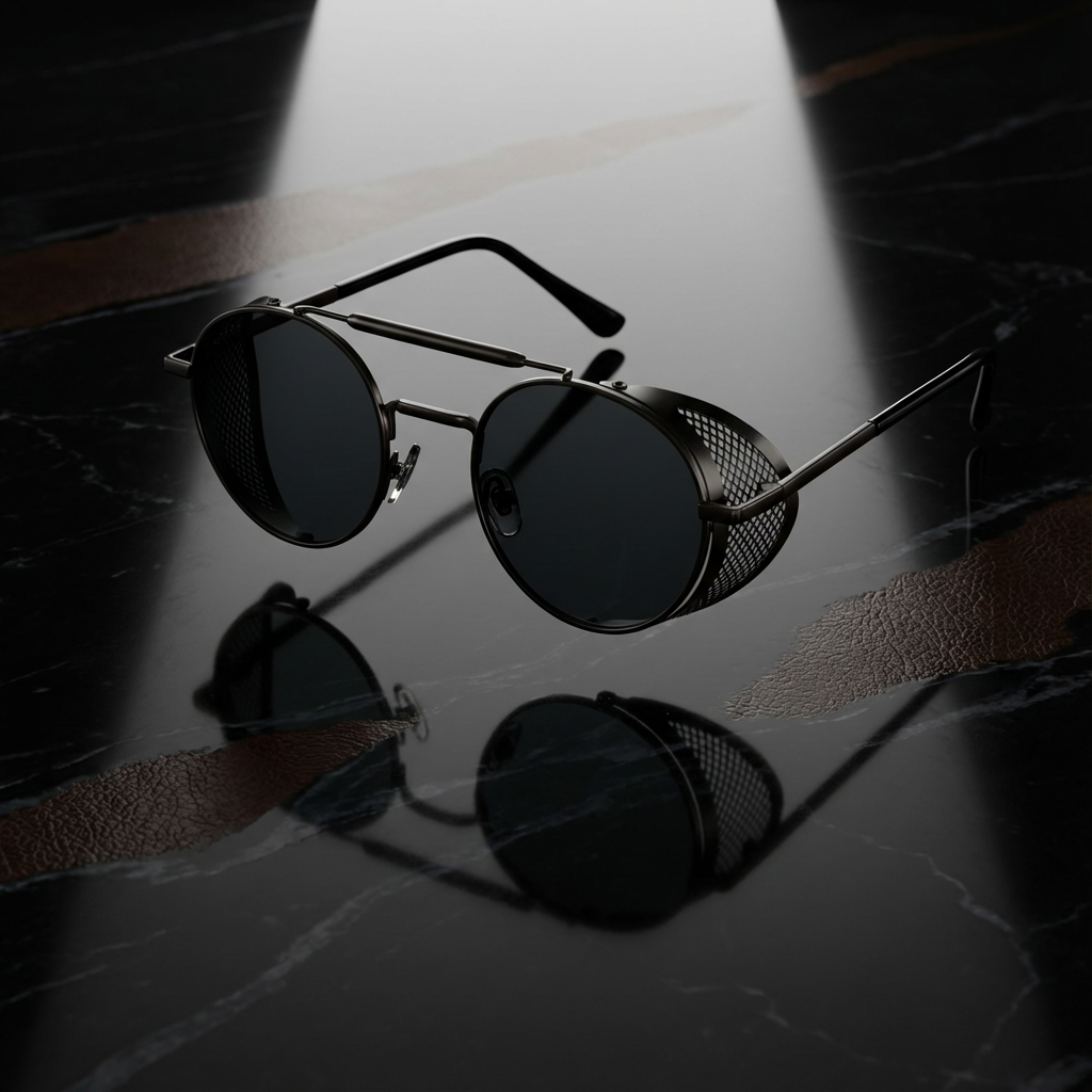 side view gothic round sunglasses with covered metal frame design