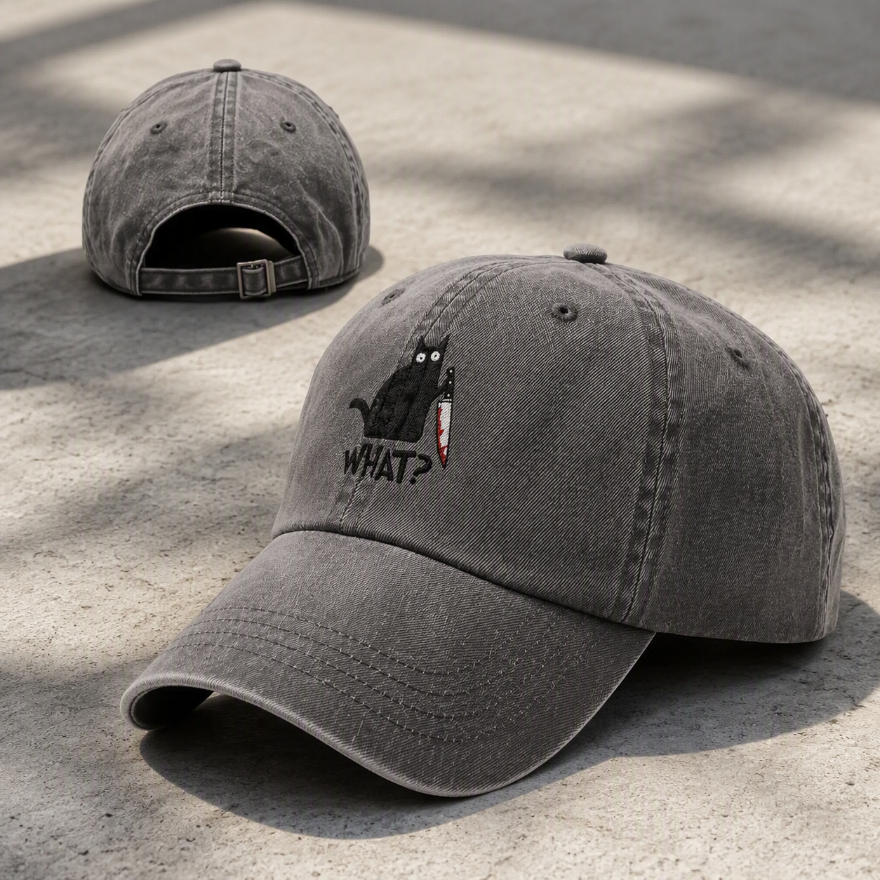 Suspicious Cat embroidered baseball cap sideview