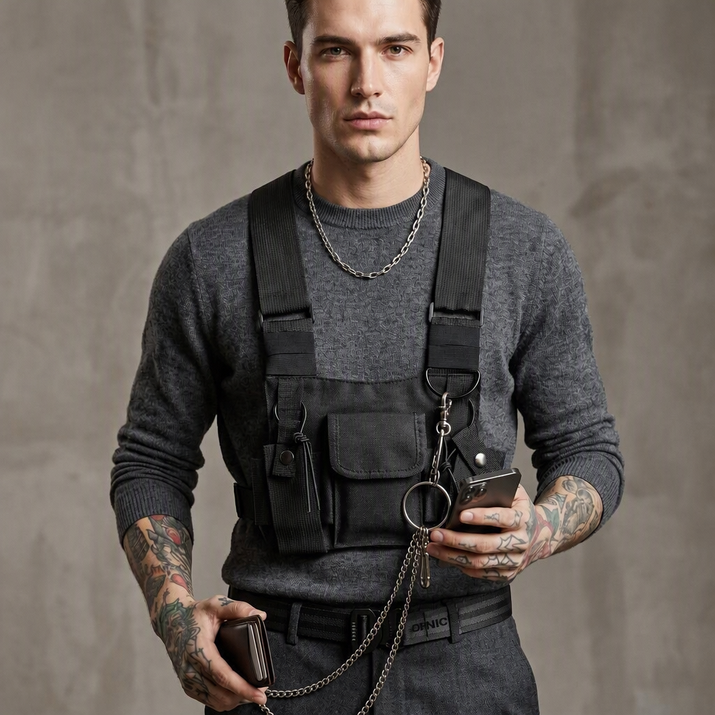 Streetwear Utility Chest Bag — Black Crossbody