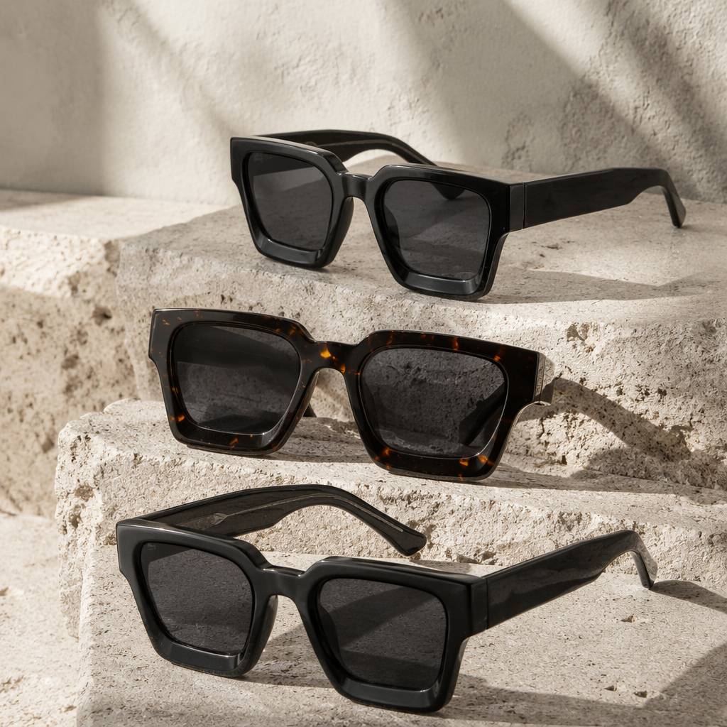 Crystal Acetate Square Sunglasses, styled view