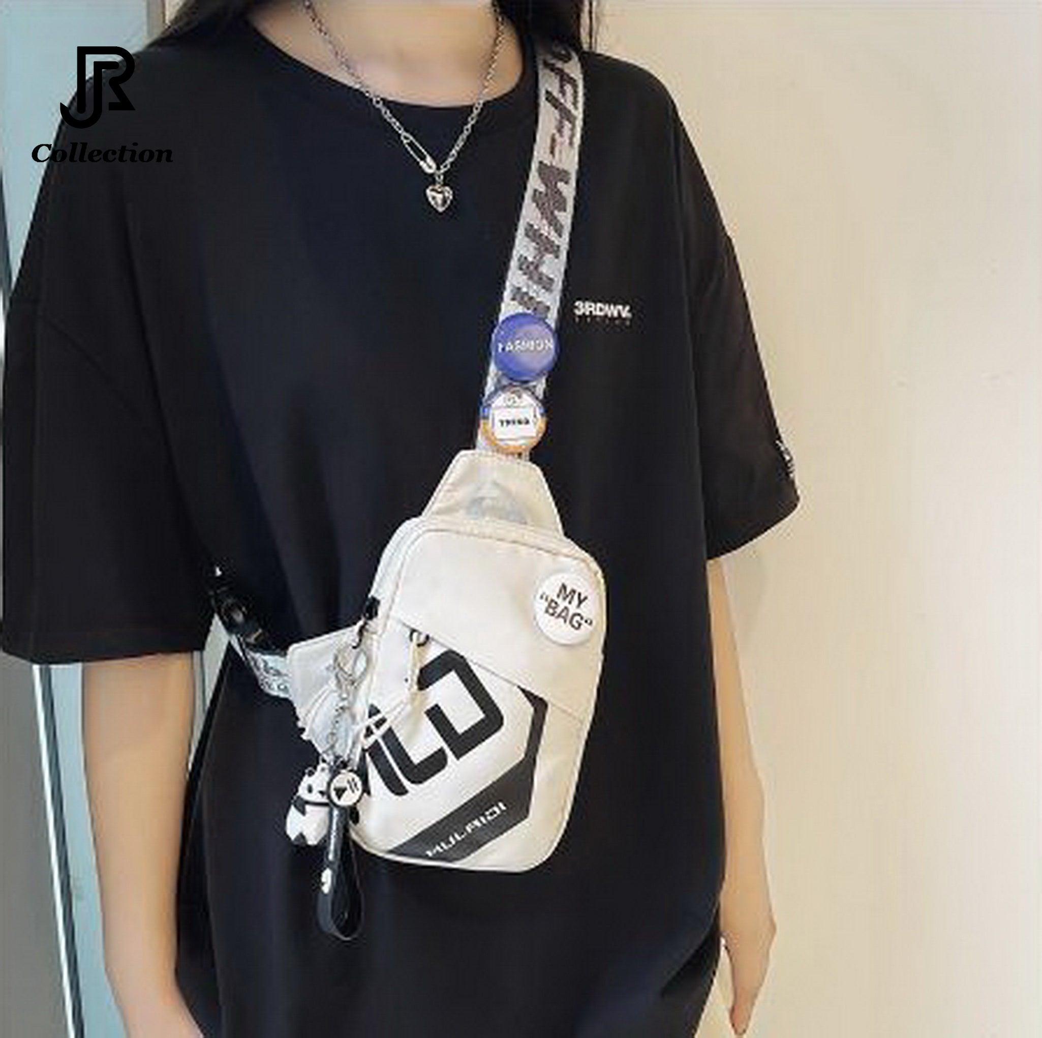 model wearing colorful sling crossbody shoulder bag casual style