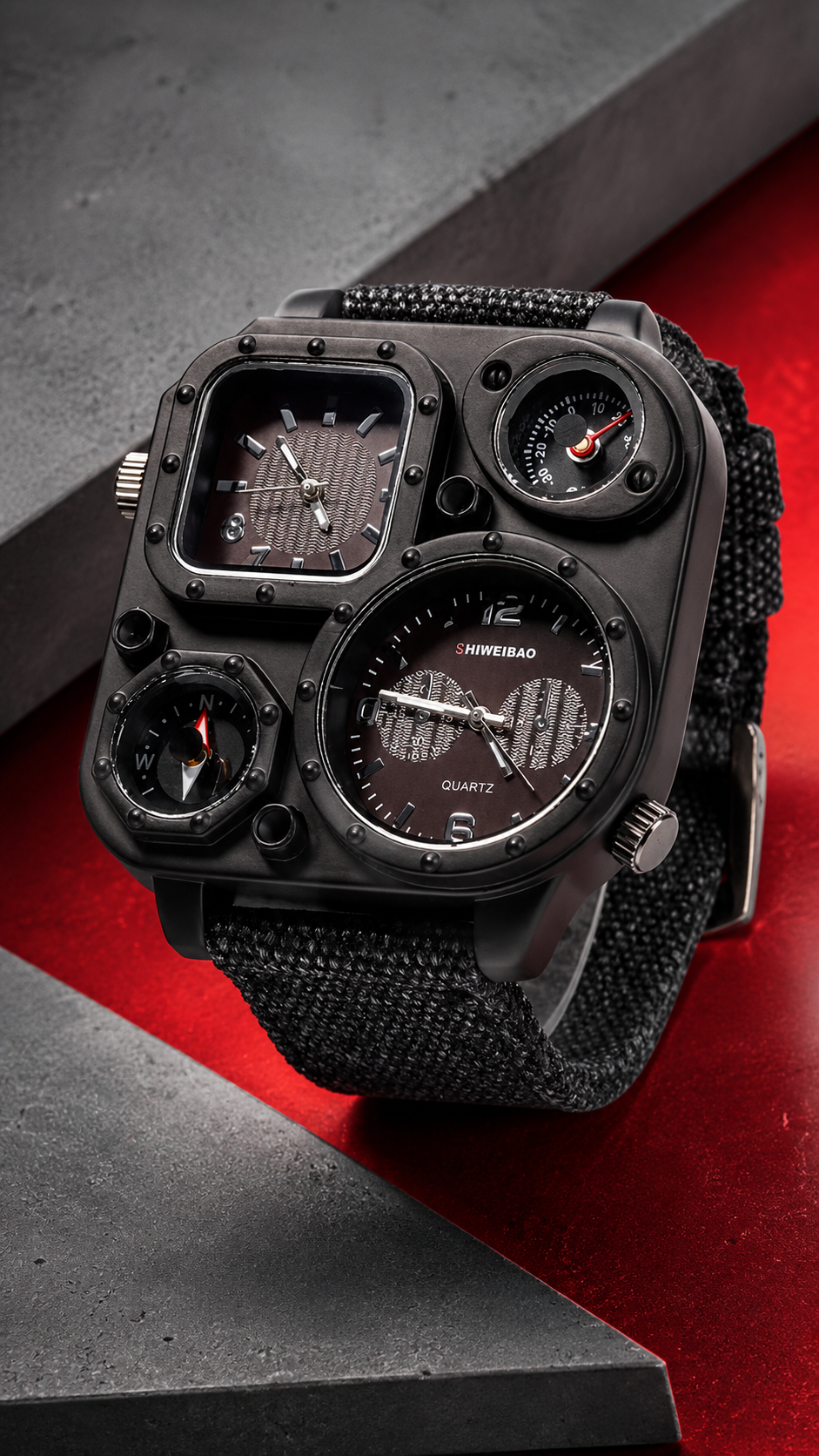 Square Compass Canvas Quartz Sport Watch – Dual Movement