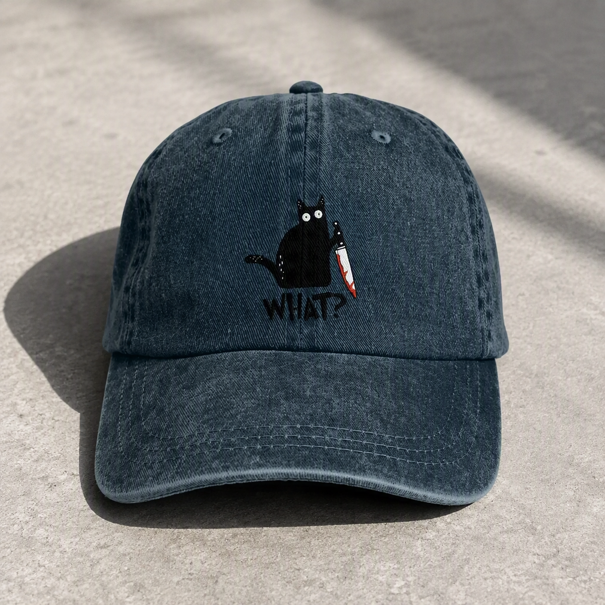 Suspicious Cat embroidered baseball cap front view