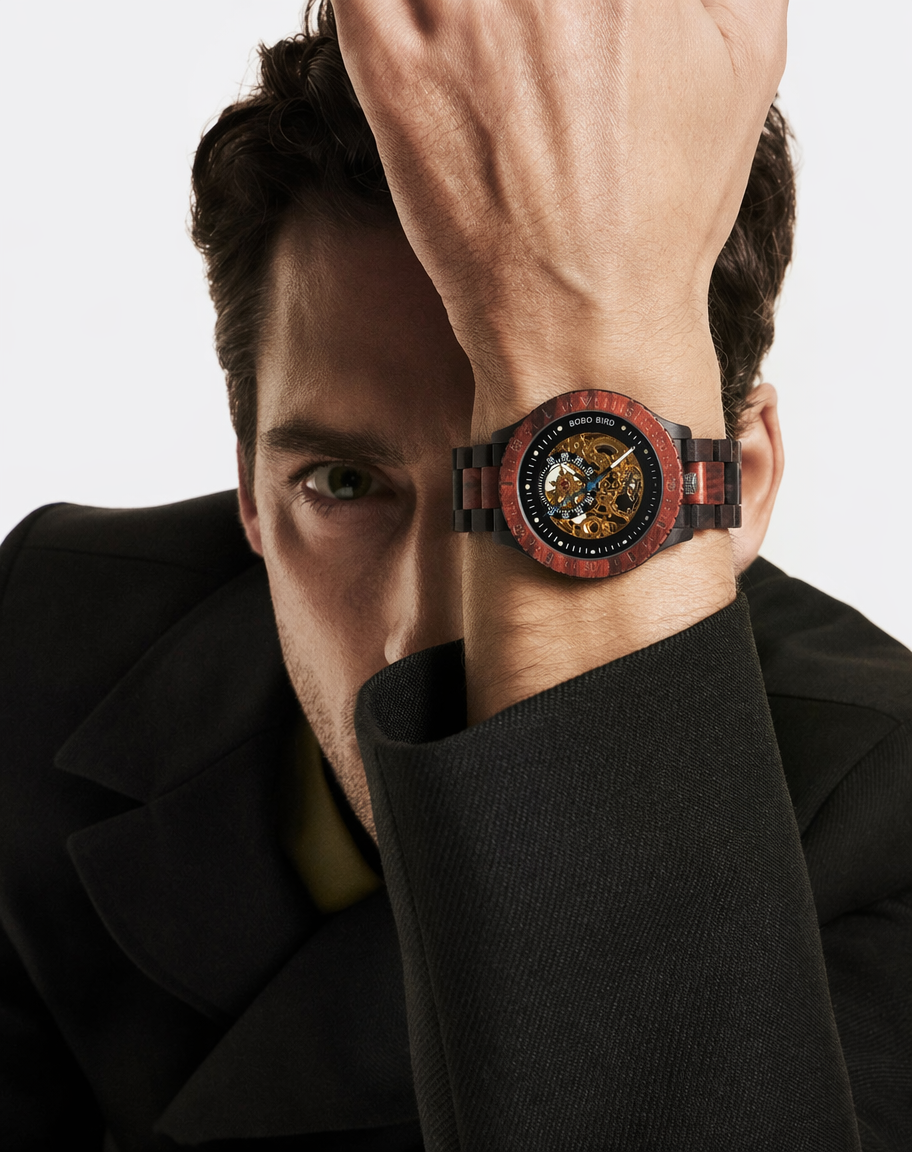 Engraved Self‑Winding Mechanical Wooden Watch