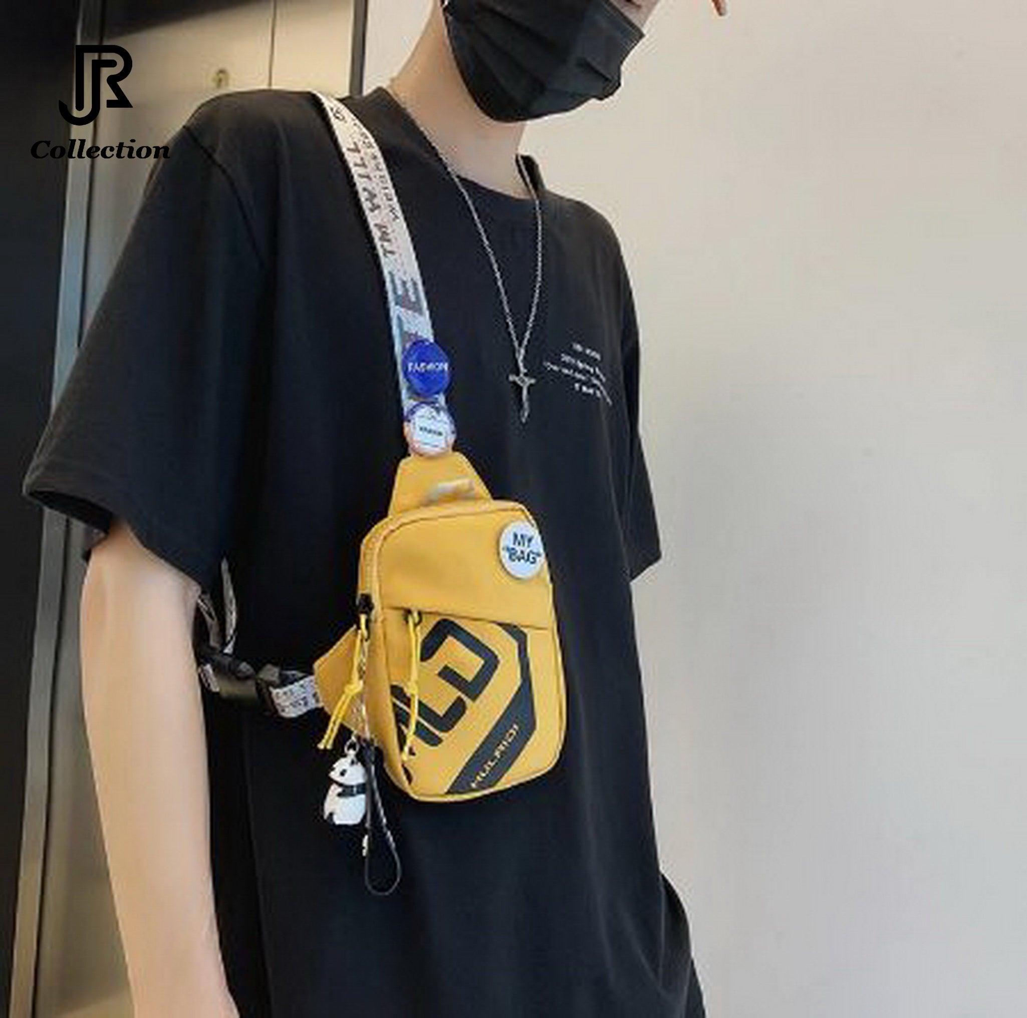 model wearing colorful sling crossbody shoulder bag casual style