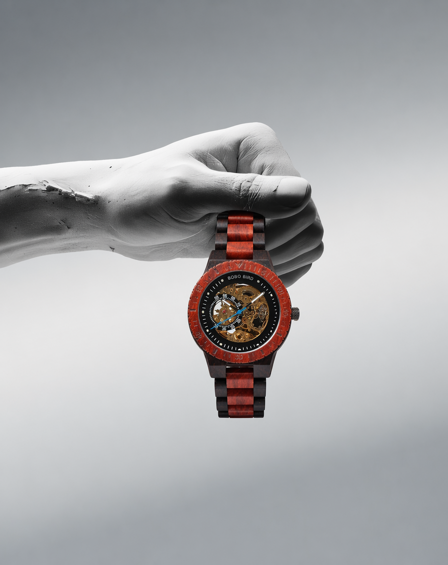 Engraved Self‑Winding Mechanical Wooden Watch