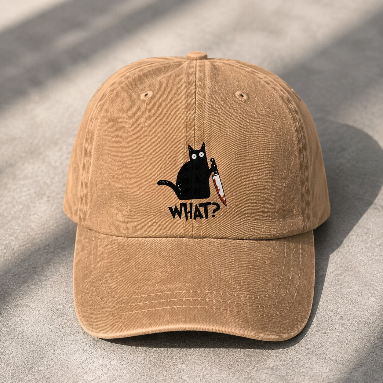 Model wearing Suspicious Cat embroidered adjustable baseball cap