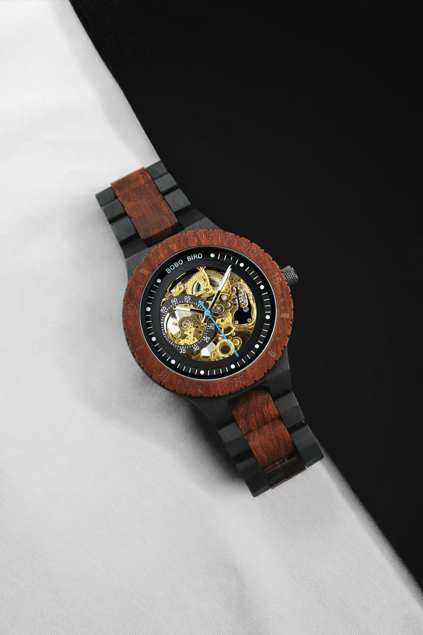 Engraved Self‑Winding Mechanical Wooden Watch