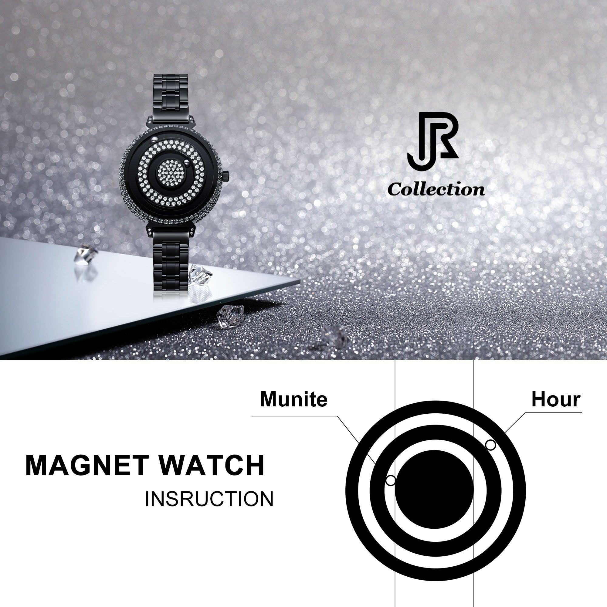 close-up of magnetic ball bearings on steel watch dial