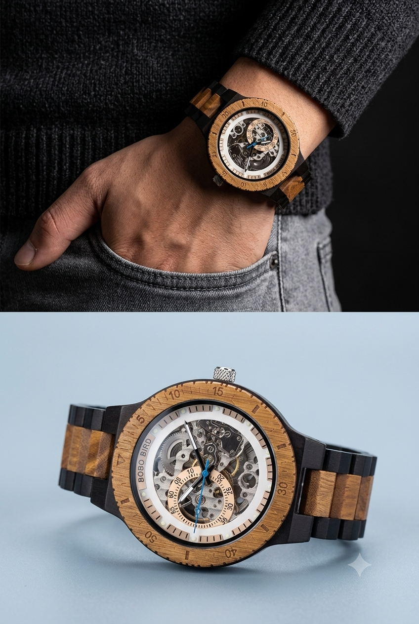 Engraved Self‑Winding Mechanical Wooden Watch