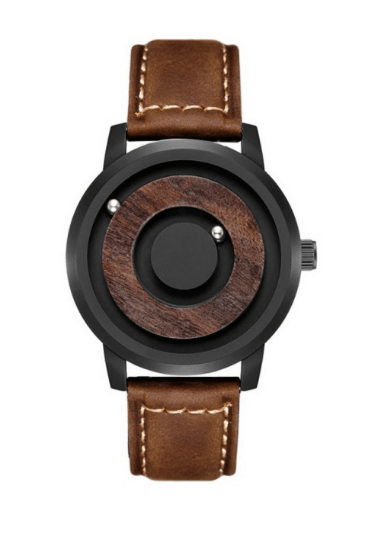 minimal rotating magnetic ball wooden watch front view