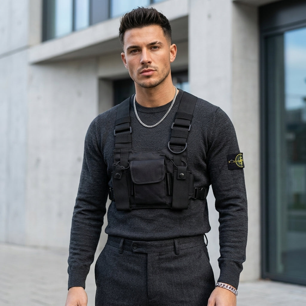 Streetwear Utility Chest Bag — Black Crossbody
