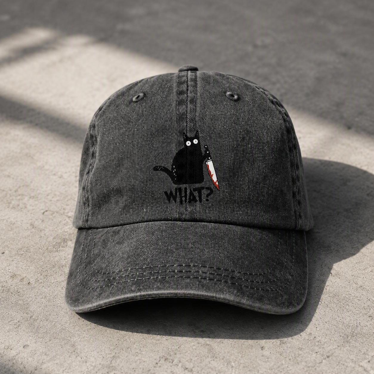Suspicious Cat embroidered baseball cap front view