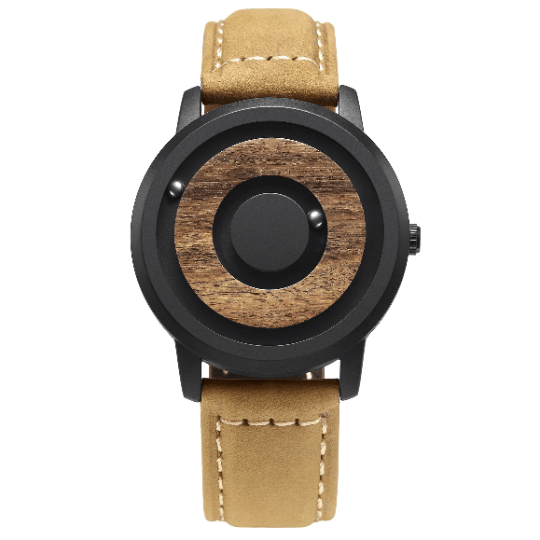 minimal rotating magnetic ball wooden watch front view