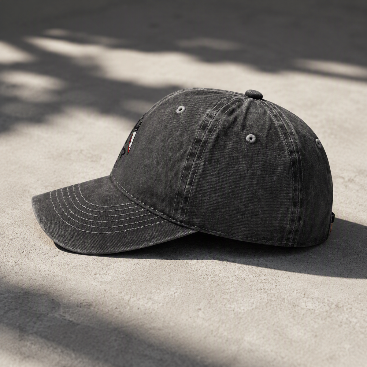 Suspicious Cat embroidered baseball cap side view