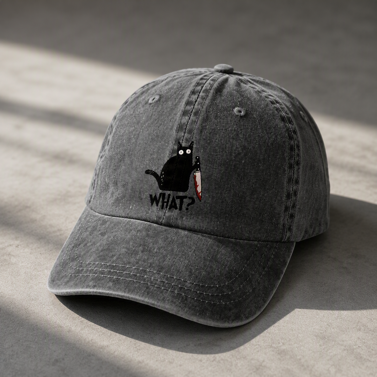 Suspicious Cat embroidered baseball cap side view