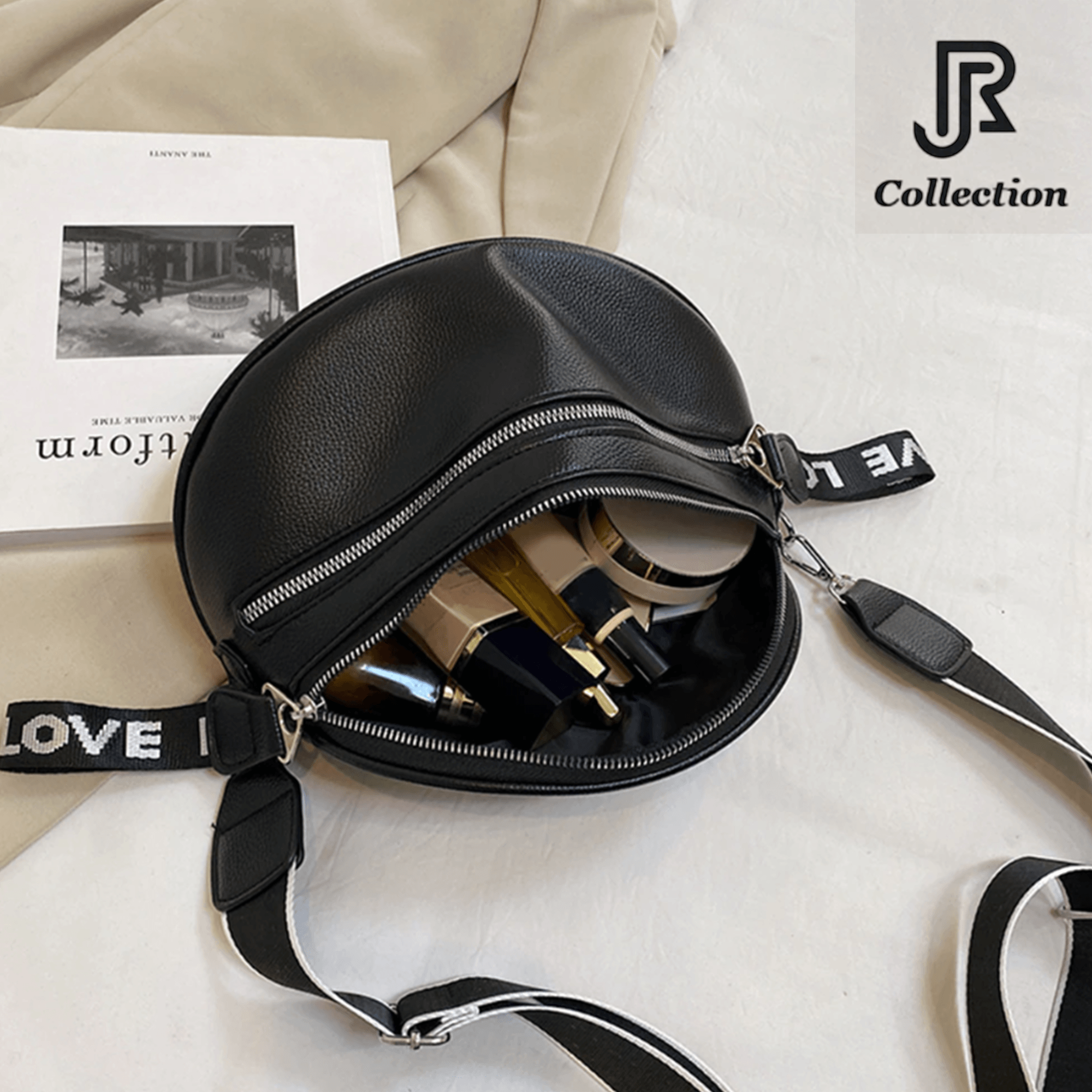 close-up of adjustable strap on women’s leather purse