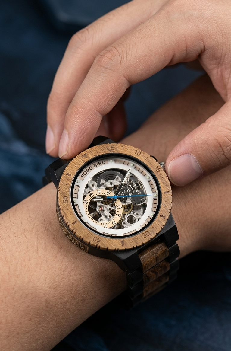 Engraved Self‑Winding Mechanical Wooden Watch