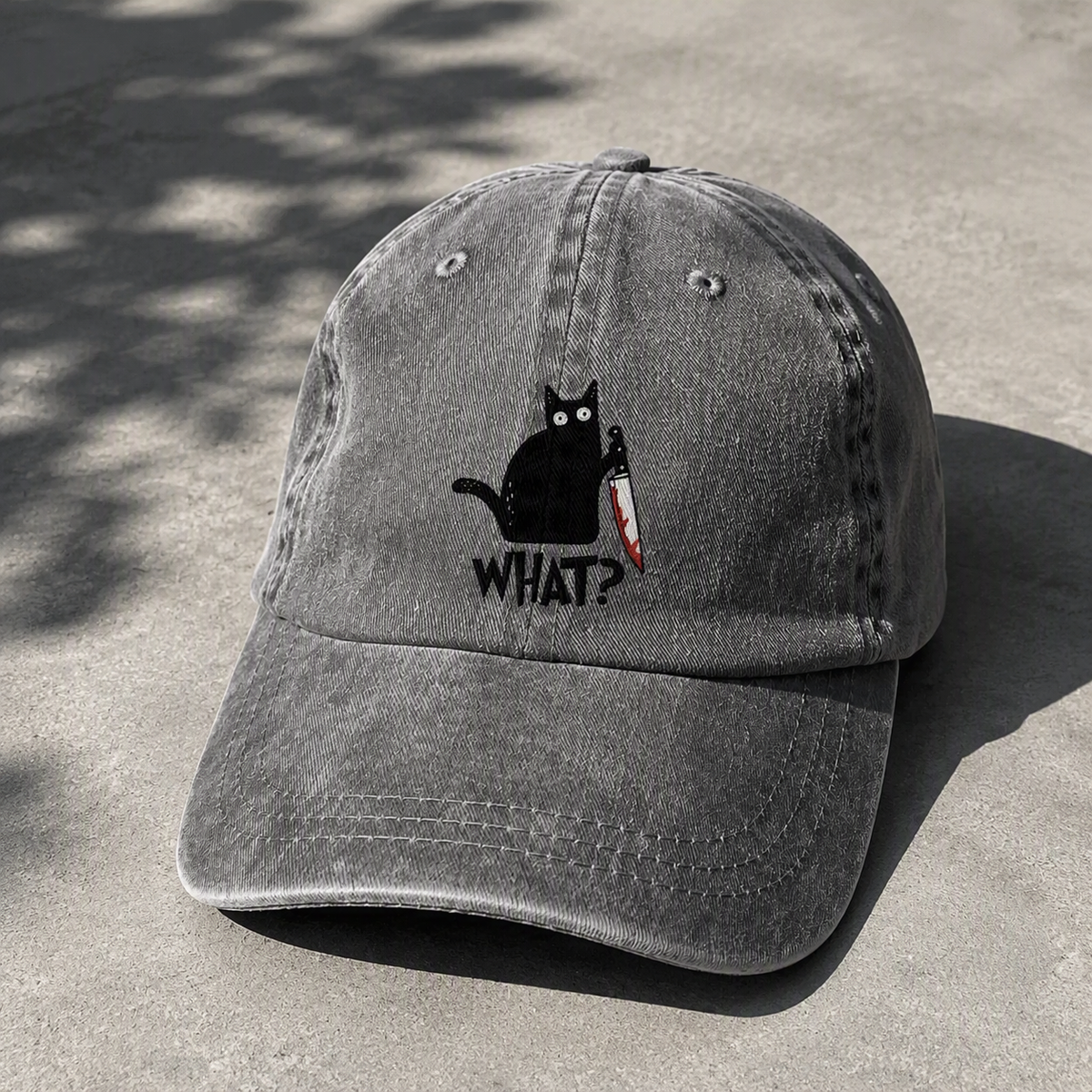 Suspicious Cat embroidered baseball cap front view