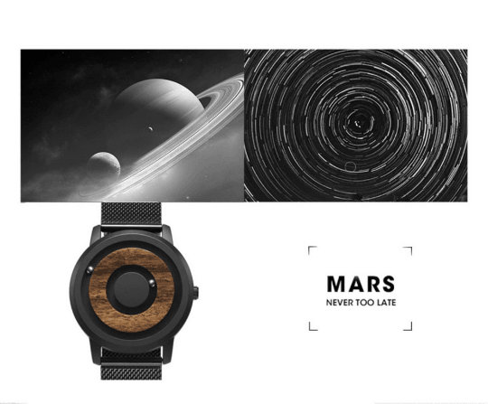 minimal rotating magnetic ball wooden watch front view