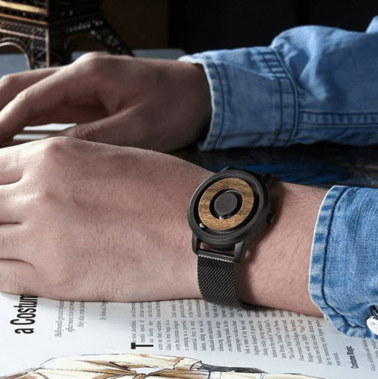 model wearing minimal rotating magnetic ball wooden watch