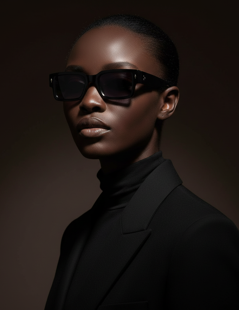 model wearing crystal acetate vintage square sunglasses