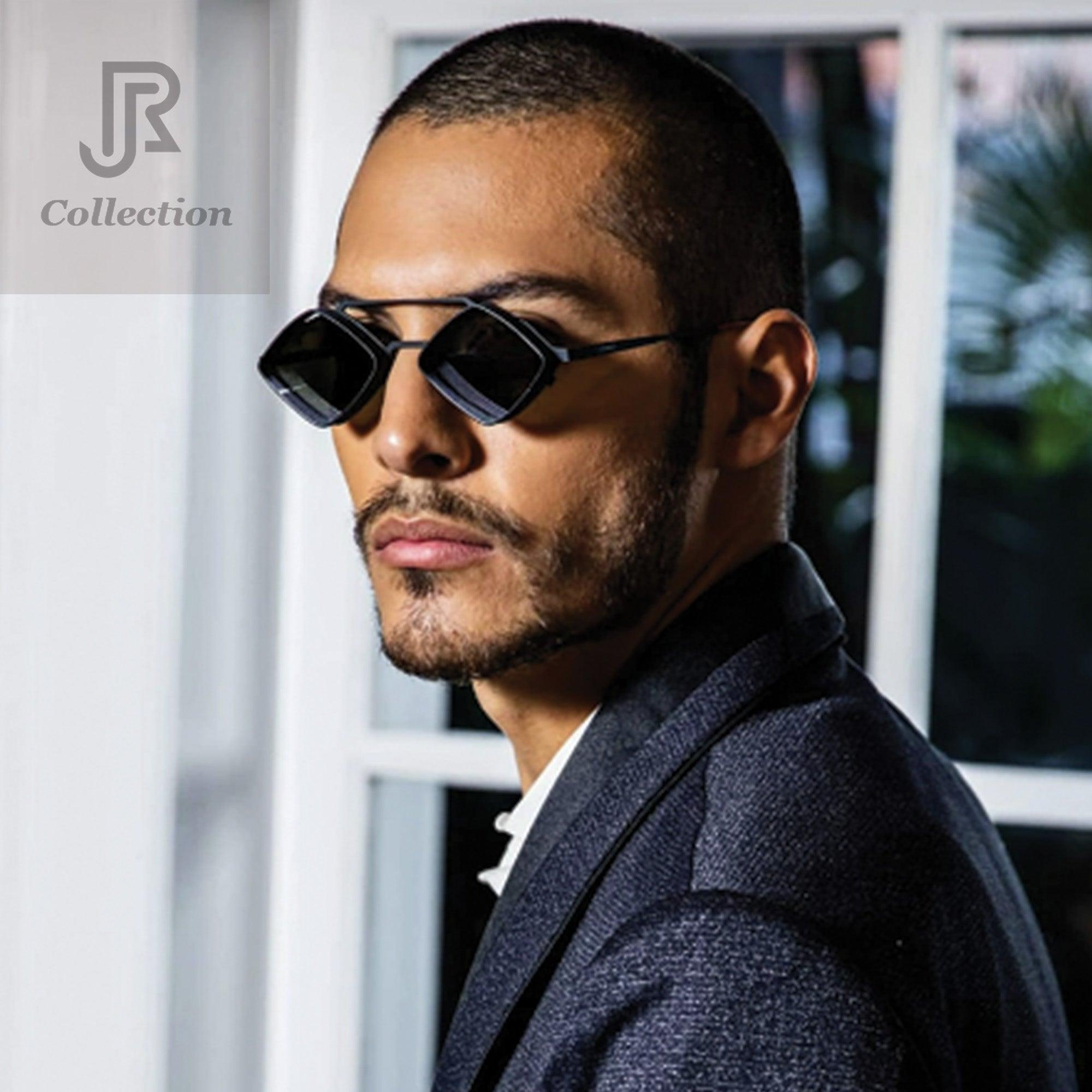 model wearing diamond square fashion sunglasses UV400 unisex style