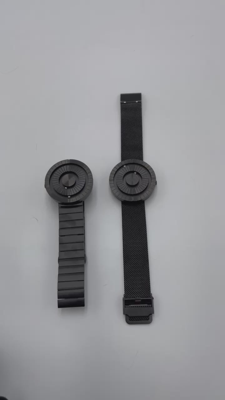 two magnetic ball wooden watches side by side on steel dial display